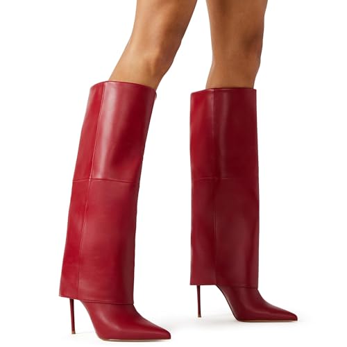 KaroNairy Fold Over Boots For Women Pointed Toe Knee High Boot Stiletto Heel Wide Calf Booties Long Boots Tall Boots4