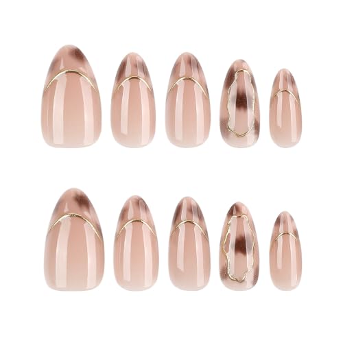 Image of Tortoiseshell Print Press on Nails French Tip Fake Nails Ombre False Nail | 3D Gold Line Nail Press ons Medium Almond Stick on Nails Glossy Reusable Full Cover Daily Manicure 24Pcs for Women