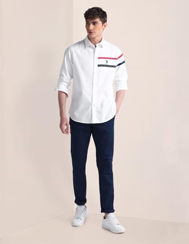 Image of U.S. POLO ASSN. Mens White Solid Collared Neck Long Sleeve Men's Casual Shirts