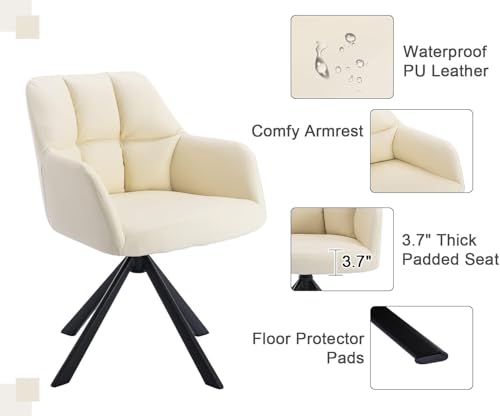 Image of Finch Fox Battle Modern 360 Swivel Mid-Back Arm Faux-Leather Study Upholstered Comfortable Metal Base Computer Office Desk Chair in Cream Color (Set of 2)