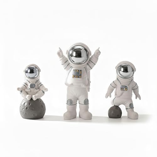 Image of REWOP Astronaut Figurine Set of 3 - Cute Space Theme Desk Decor, Moon Surface Resin Statues for Home, Office, Car Dashboard, Gift for Kids & Space Lovers (Silver)