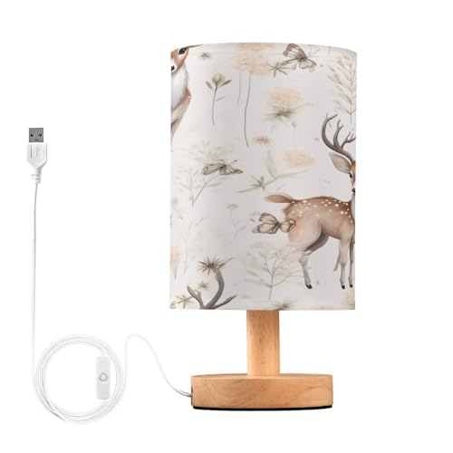 SDMKA Deer with Flowers Bedside Table Lamp for Bedroom, Minimalist Nightstand Lamp with Round Fabric Shade for Living Room, Office, No Bulb Required
