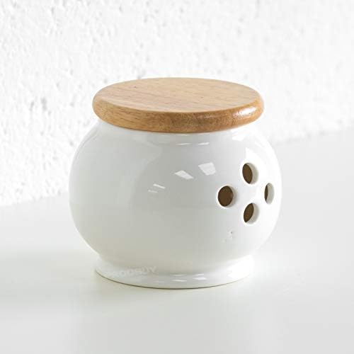 Glazed White Porcelain Garlic Storage Jar with Wooden Lid