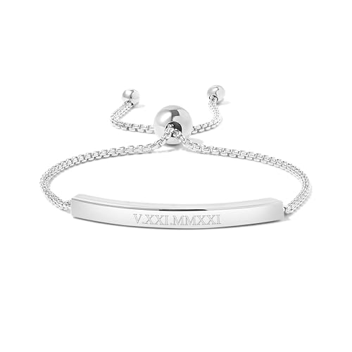 Personalized Roman Numeral Name Bar Silver Bolo Bracelet - Custom Bracelet for Her - Graduation Gift - Gifts for Mom