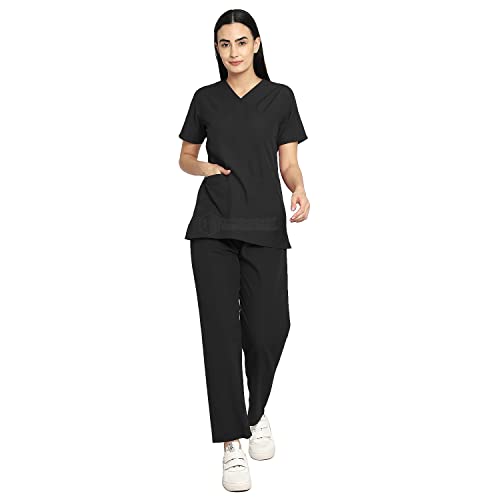 Image of IS IndoSurgicals Faux Wrap Scrub Suits for Doctors Women OT Dress (S, Black)