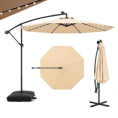 GOPLUS Parasol de Jardin Extérieur avec Pied, Parasol Déporté 3x3M, avec 40 Lampes Solaires, Toile Inclinable, Manivelle, 8 Baleines, Anti-UV, pour Terrasse Cour...