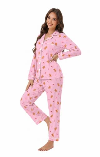 Image of LUBOT Christmas Pajamas for Women 100% Cotton Pajama 2 Piece PJ Set Soft Long Sleeve Button Xmas Print Loungewear XS-XXL