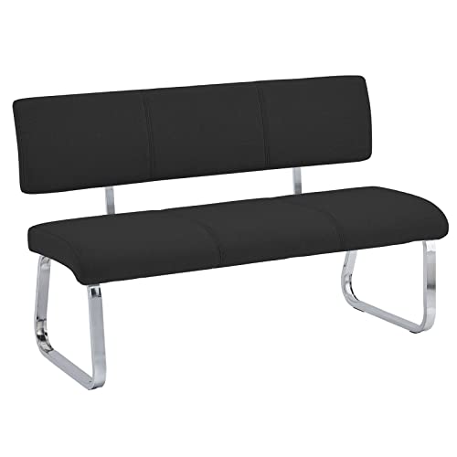 Banco sallle à Comer Vilas L 135 cm, asiento con 3 plazas, banco con base cromada y respaldo tapizado en tela negra