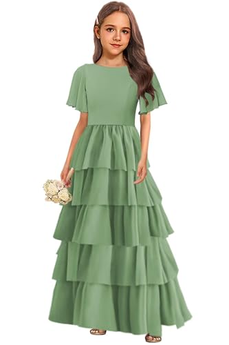 Tiered Chiffon Junior Bridesmaid Dresses for Wedding Short Sleeve A-Line Bow Flower Girl Dress Party Pageant Gowns4