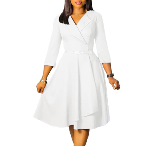 Elainone Women 3/4 Sleeve Casual Swing Flared A Line Dress Wedding Guest Semi Formal Office Work Dresses with Belt