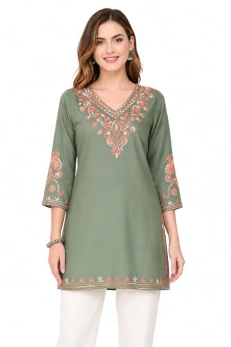 Image of Embroidered Chikankari Kurti with Kashmiri Aari Work, V-Neck, 3 /4 Sleeves, Rayon Fabric