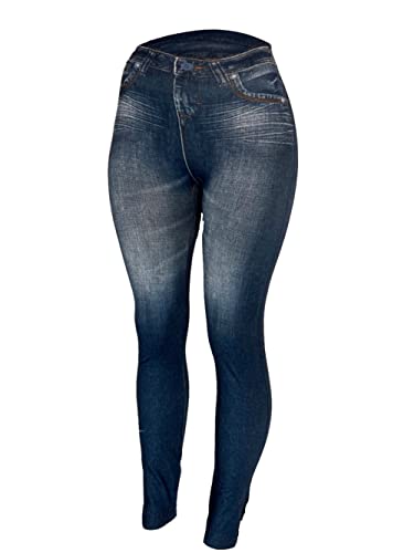 CLOYA Women's Denim Print Fake Jeans Seamless Full Length Fleece Lined Leggings (2XL, Blue)