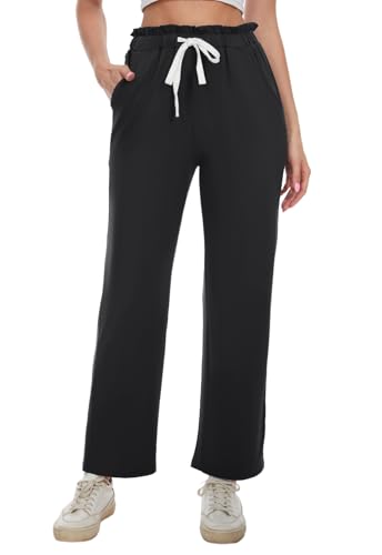BATHRINS Women's Drawstring High Waisted Straight Long Trousers Pants with Pockets