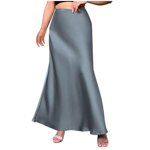 Women's Long Satin Skirt with Zipper High Waisted Flared