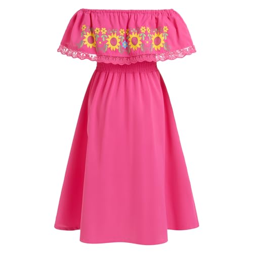 IKADEX Girls Mexican Floral Dress Off Shoulder Sunflower Print Party Cinco de Mayo Dresses2