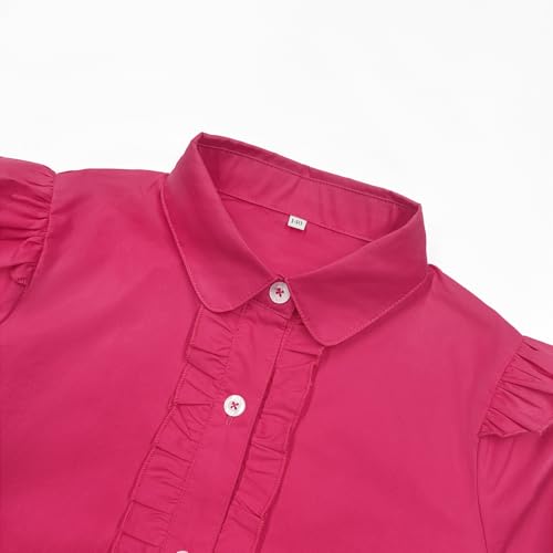 Image of Girls Short Sleeve Button Down Shirts Ruffle School Uniform Crop Tops Peter Pan Collar Plaid Blouse 4-13Y