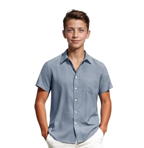 Boys Linen Shirt for Kids Summer Beach Short Sleeve Button-Down Dress Shirts with Chest Pocket Teens Casual Tops - Main Image