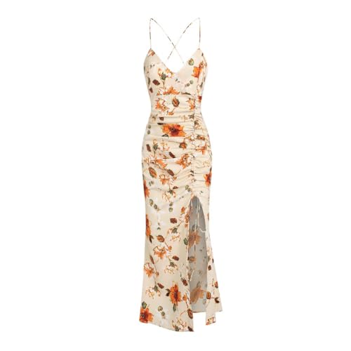 ZAFUL Womens Summer Floral Spaghetti Midi Dresses 2025 Sexy V Neck Sleeveless Drawstring Ruched Split Backless Cocktail Dress