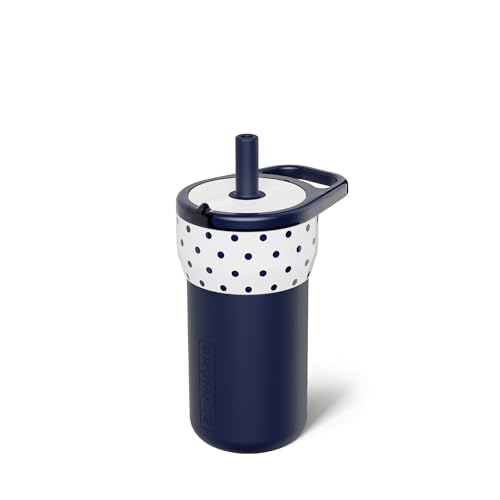 Image of BruMate Leap 12oz 100% Leakproof Kids Tumbler with Handle & Silicone Soft Straw | Durable Drop Resistant Silicone Sleeve | Made of Insulated Stainless Steel | Cup Holder Friendly | (White Polka Dots)