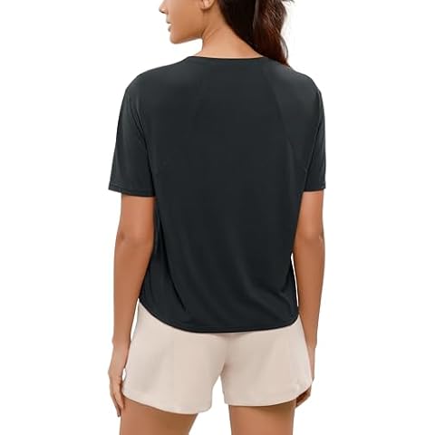 ODODOS Modal Soft Short Sleeve Shirts for Women Crew Neck Yoga Tee Casual Workout Tops, Black, Medium Cover