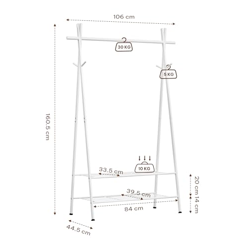 eSituro Kleiderständer Stabil mit Schuhablage Haken Garderobenständer mit Kleiderstange aus Metall Weiß