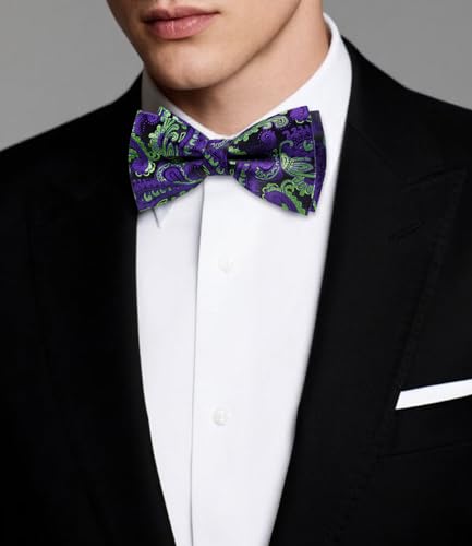 Image of Dubulle Mens Paisley Striped Bowtie Set Pre-tied Bowtie for Men and Pocket Square Set Wedding Business