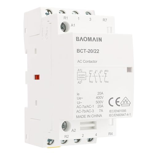 BAOMAIN Contactor CA, 4 polos 2NO 2NC, 20 A, CA 220 V/240 V Tensión de bobina, montaje en carril DIN de 35 mm, VDE Certificado, BCT-20/22 (4P 2NO 2NC 220V)
