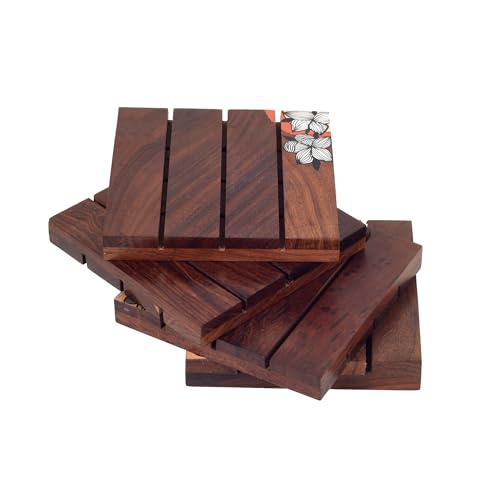 Image of AAKRITI ART CREATIONS Blossom Breeze Coaster | Wooden Coaster Set of 4 | Decorative Coaster Matte Finish | Floral Art Wooden Handcrafted Coasters | Brown Wooden Coaster Set, Hand Painted