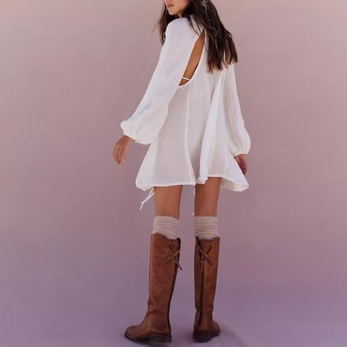 Image of Shiyifa Women's Summer Mini Dress Casual Square Neck Long Sleeves Loose Sundress with Pockets