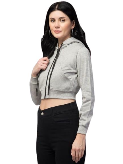 Image of PDK Fashion Solid Long Hooded Neck Hoodie Zipper Crop Jacket for Women's