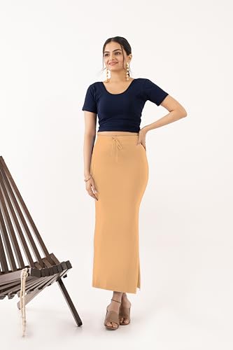 Image of DESI GIRL Cotton Lycra Stretchable Saree Shapewear Petticoat with Drawstring for Women | Fishcut Saree Petticoat with Side Slit for Easy Movement | Saree Shaper | Long inskirt