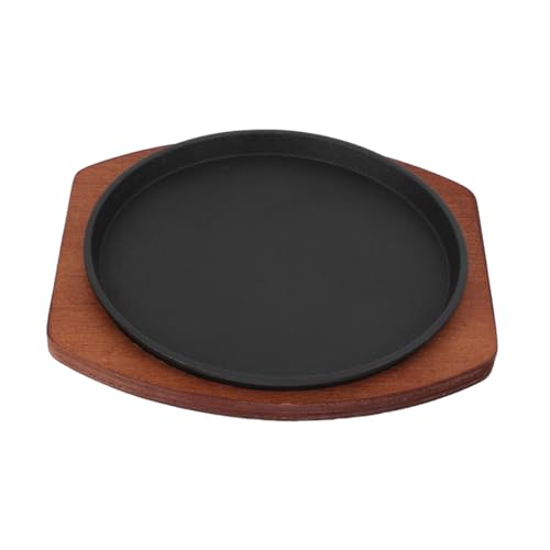 Cabilock 1 Set Iron Skillet Steak Plate Sizzle Griddle Pan With Wooden Base Steak Pan Grill Plate Round Serving Tray For Kitchen Restaurant Barbecue Dinner