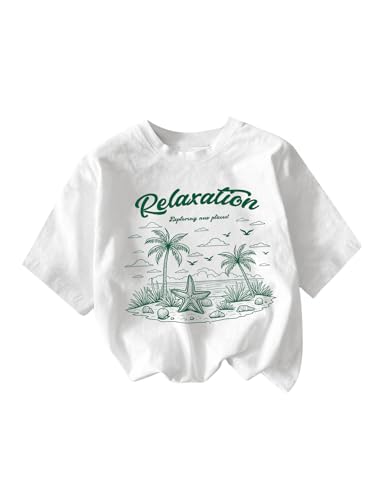 Image of RoseSeek Girl's Graphic Drop Shoulder Star Print Tee Tops Short Sleeve Crew Neck Summer Shirts