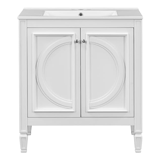 30 in. W X 18.3 in. D X 33.7 in. H Bathroom Vanity with Ceramic Basin Sink Top, Easy to Assembly Wood Cabinet Basin Vessel Sink Set with Door-Shelf & Adjustable Shelves, White