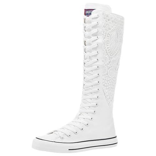 Image of ANUFER Women Fashion Canvas Dance Boots Knee High Bicycling Boots Girls Fancy School Shoes