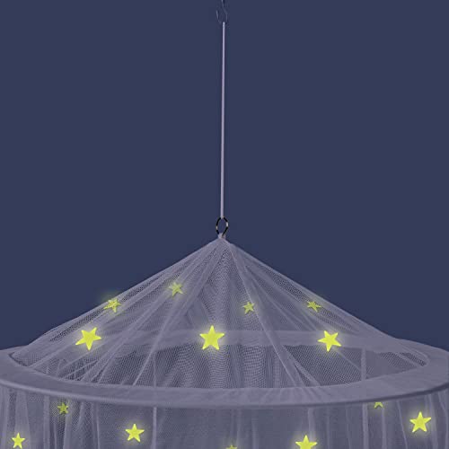 Image of Canopy for Girls Bed with 67 Pre-Glued Glow in the Dark Stars - Princess Mosquito Net Room Decor - Kids & Baby Bedroom Tent with Galaxy Lights - 1 Opening Canopy Bed & Hanging Kit Included