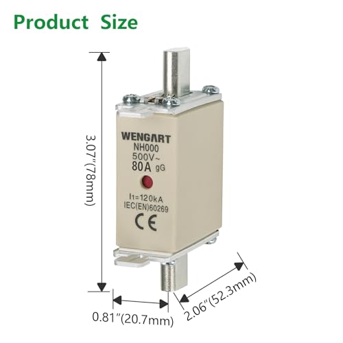 Wengart 3er-Pack NH000 Sicherung 80A gG, Messer-Sicherung AC 500V, 120kA Trennvermögen, NH-Schmelzeinsatz für Hauptverteilungen, Batteriespeicher und Industrieanlagen