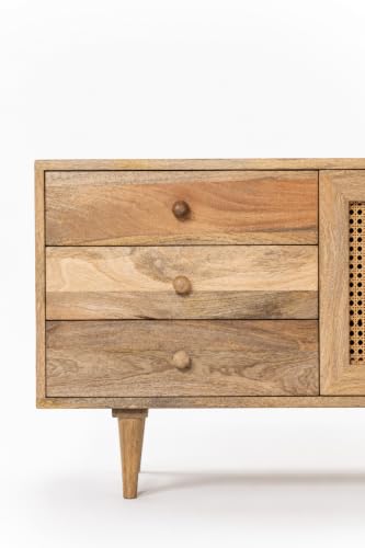 Image of Wooden TV Unit for Living Room | Solid Wood TV Cabinet with Rattan Doors | TV Stand for 65 Inch TV | Mid Century Entertainment Unit | Easy Assembly (Natural TK-26)