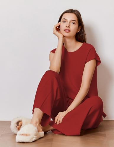 Image of Ekouaer Lounge Sets for Women Two Piece Outfits Knit Cap Sleeve Tops Wide Leg Pleated Pants Casual Dressy Sweater Sets