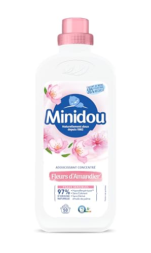 Adoucissant Linge MINIDOU Fleurs d'Amandier Bouteille 1L - 50 Lavages | Élimine les Odeurs Désagréables et Laisse un Parfum Frais Durable | Compatible avec Tous les Types de Vêtements