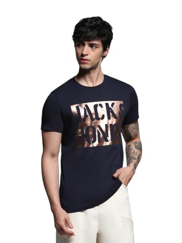 Image of Jack & Jones Men's Typography Printed Round Neck Short Sleeves Cotton Slim Fit Letter Print T-Shirt
