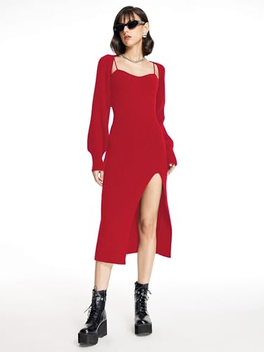 Image of CIDER 2 Piece Sweater Dresses for Women Winter Slit Long Sleeve Womens Midi Dress Pullover Bodycon Wedding Guest Outfits