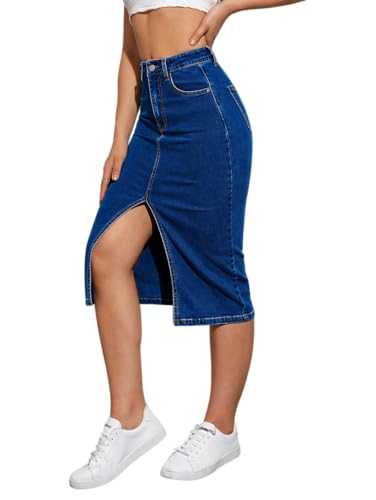 Image of Tagas Women High Waist Denim Midi Skirt with Front Slit | Stretchable Bodycon Pencil Skirt | Casual & Stylish Knee Length Skirt