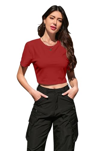 Image of Betusline Girls & Women Basic Summer Short Sleeve Slim Fit T-Shirts Soft Crewneck Crop Y2k Tee Cute Gym Fashion Clothes