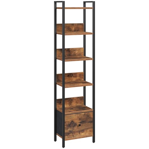 MAHANCRIS Bookshelf, 6-Tier Bookcase with Drawer, Small Book Shelf for Small Space, Storage Shelf Organizer, for Living Room, Bedroom, Study, Kitchen, Rustic Brown and Black BKHR66101