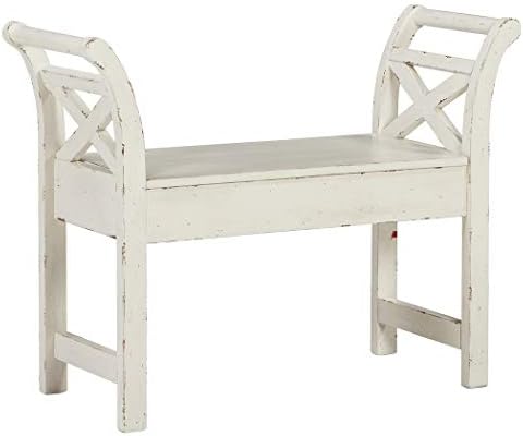 Signature Design By Ashley Heron Ridge Storage Accent Bench Antique White Finish Hinged Seat