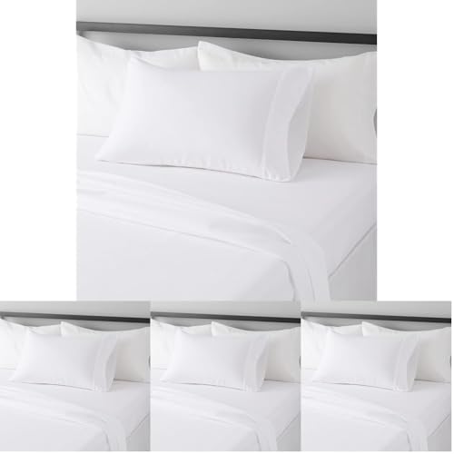 Image of Amazon Basics Lightweight Breathable Wrinkle-Free Brushed Microfiber 3-Piece Bed Sheet Set with 14-Inch Deep Pockets,Twin,Bright White,Solid,(Pack of 4)