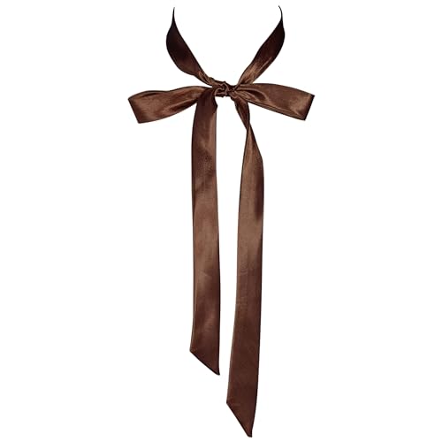 Bow Tie for Women, Elegant Satin Bowtie Long Ribbon Self Tie & Adjustable for Dresses & Graduation & School Uniform W-B-T1 (Brown)