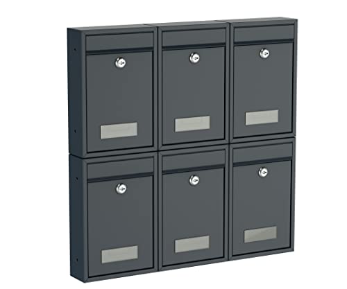 BASI | Lot de 6 boîtes aux Lettres murales compactes | Format DIN B5 | Acier Anthracite Mat | Plaque Nominative | 2 clés chacune | Matériel de Fixation Inclus | Ensemble 6 pièces
