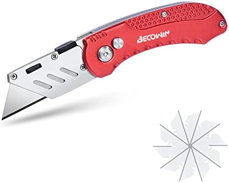 BECOWIN Folding Box Cutter Utility Knife Pocket Quick Change SK5 Blades Lightweight Aluminum Body Belt Clip for Office and Home with Extra 10-Piece Blades, Red